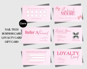 Modèle de carte de visite rose pour ongles Modèle de toile de carte de visite technique pour les ongles Réseaux sociaux QR Code Modèle de toile de carte d'artiste pour ongles Coquette Business