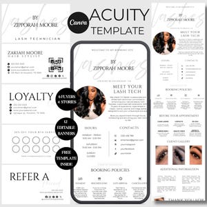 Op de afbeelding: Een digitale marketing-sjabloonset voor een wimperstylist met een smartphone-mockup die een boekingssite, klantenkaarten en flyers weergeeft. Het ontwerp gebruikt een zwart-wit kleurenschema met tekst waaronder Acuity Template, Meet Your Lash Tech en Booking Policies.