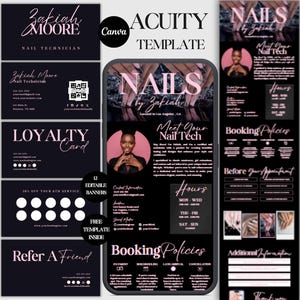 Puede incluir: Una plantilla de negocio de técnica de uñas en negro y rosa con el nombre "Zakiah Moore" y el texto "Nail Technician". La plantilla incluye tarjetas de visita, una tarjeta de fidelización y una pantalla de teléfono móvil con información de reservas.