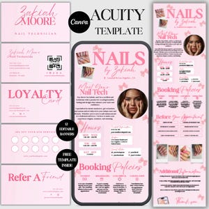 May include: A pink and white nail technician template featuring "Zakiah Moore" and "Nail Technician". The template includes business cards, a loyalty card, and a phone screen with nail designs and booking information.