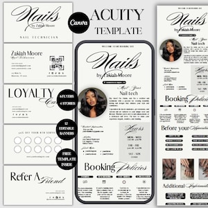 Puede incluir: Una plantilla de marketing digital para una técnico de uñas, con tarjetas de visita, folletos y banners. El diseño es en blanco y negro con el texto "Nails by Zakiah Moore" e incluye políticas de reserva e información de contacto.