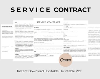Modèles imprimables de contrat de service Accord de contrat de services Formulaire de contrat de service modifiable dans Canva téléchargement immédiat