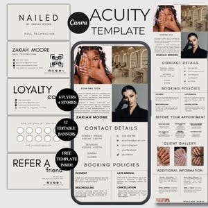 May include: A digital marketing template set for nail technicians featuring business cards, flyers, and social media stories. The design includes neutral beige backgrounds with black text, contact details, booking policies, and placeholder images of a nail technician.