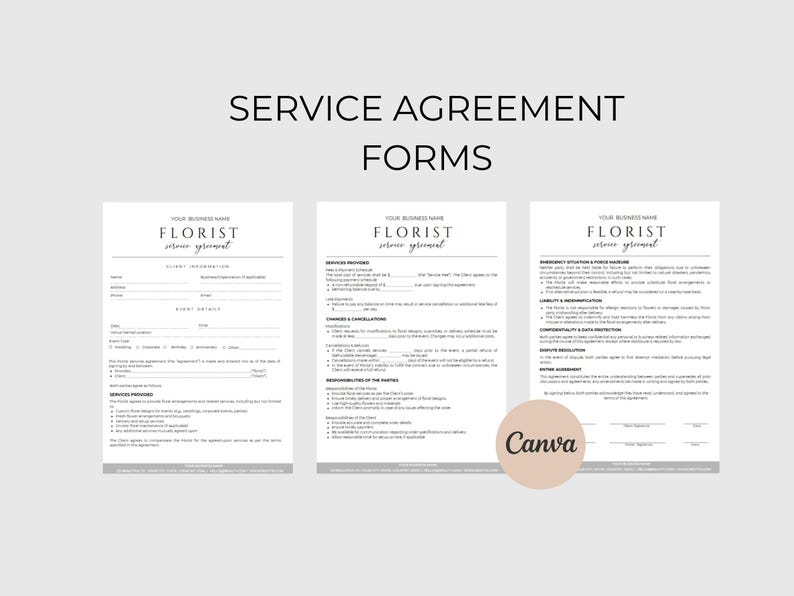 May include: Three service agreement forms for a florist, with the text "Service Agreement Forms" at the top. The forms are white with black text, and the florist's business name is at the top of each form. The Canva logo is in the bottom right corner.