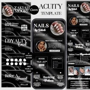 Puede incluir: Una plantilla de técnico de uñas en blanco y negro con el texto "NAILS by Zakiah" y "Zakiah Moore Nail Technician". La plantilla incluye tarjetas de visita, una tarjeta de fidelización y una maqueta de teléfono con información de reserva.