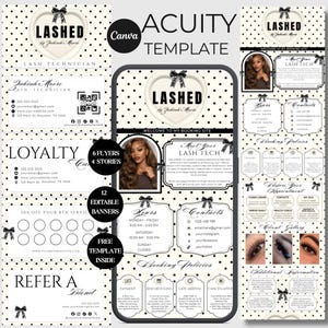 May include: A digital template set for lash technicians featuring a cream background with black polka dots and bow accents. The design includes business cards, loyalty cards, booking site layouts, and flyers with text like LASHED by Zukiah Moore.