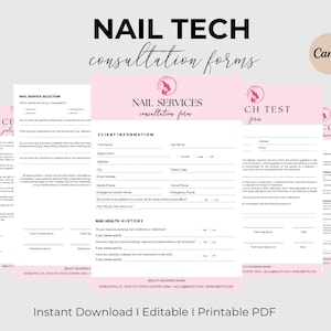 May include: A set of pink and white printable nail tech consultation forms. The forms include sections for client information, nail health history, and consent. The text on the forms includes "Nail Tech Consultation Forms" and "Instant Download | Editable | Printable PDF."