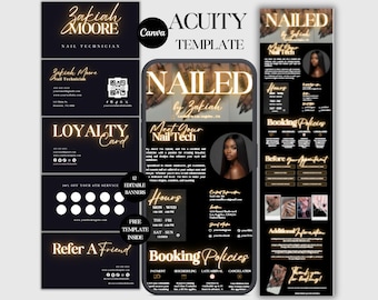 May include: A black and gold nail technician template with the name "Zakiah Moore" and the text "Nail Technician." The template includes business cards, a loyalty card, and a phone screen with booking information.