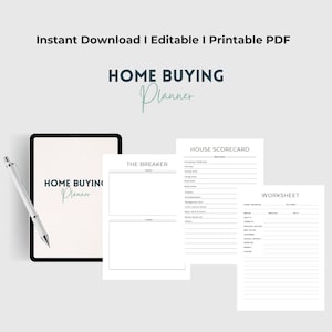 Puede incluir: Un planificador digital de compra de vivienda con el texto "HOME BUYING Planner" en una tableta y un bol&iacute;grafo. La imagen tambi&eacute;n muestra varias hojas de trabajo PDF imprimibles.