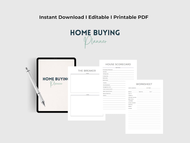 Puede incluir: Un planificador digital de compra de vivienda con el texto "HOME BUYING Planner" en una tableta y un bol&iacute;grafo. La imagen tambi&eacute;n muestra varias hojas de trabajo PDF imprimibles.