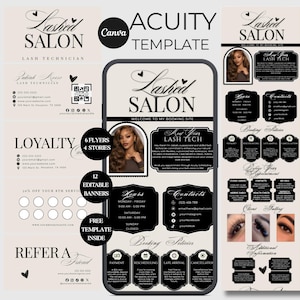 Könnte beinhalten: Ein digitales Canva Acuity Vorlagenset für ein Wimpernstudio, bestehend aus einer mobilen Benutzeroberfläche, Treuekarten und Flyern. Das Design verwendet ein beiges und schwarzes Farbschema mit eleganter Typografie und Bereichen für Öffnungszeiten.