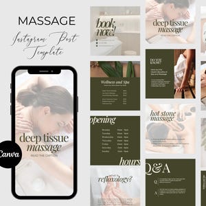 May include: A digital marketing template for a massage business, featuring a smartphone displaying a deep tissue massage image. Additional panels showcase services like facial scrubs, hot stone massage, and reflexology. The design uses a neutral color palette.