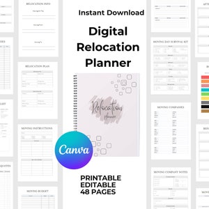 Puede incluir: Planificador de reubicación digital imprimible de 48 páginas. El planificador incluye listas de verificación, presupuestos, notas de empresas de mudanzas y mucho más. La portada presenta un fondo rosa con el texto "Relocation Planner" en blanco.