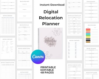 May include: Printable digital relocation planner with 48 pages. The planner includes checklists, budgets, moving company notes, and more. The cover features a pink background with the text "Relocation Planner" in white.