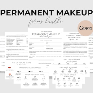 Puede incluir: Un paquete de formularios imprimibles de maquillaje permanente, que incluye la admisión del cliente, la pre-procedimiento y las instrucciones de cuidado posterior. Los formularios están en texto negro sobre un fondo blanco, con las palabras "PERMANENT MAKEUP forms bundle" en la parte superior.