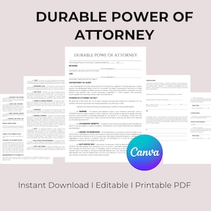 Printable Durable Power of Attorney Template  Durable Power of Attorney Form  POA Form  POA Agreement Instant Download CANVA Template