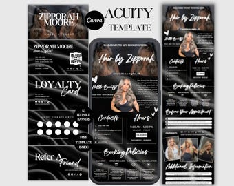 Può includere: Un modello digitale in bianco e nero per un parrucchiere, con biglietti da visita, una carta fedeltà e un display per cellulare. Lo schermo del telefono mostra un sito di prenotazione con informazioni di contatto e politiche di prenotazione. Il modello include il testo "Hair by Zipporah" e "Acuity Template".
