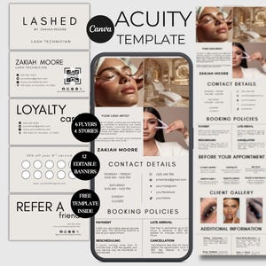 Op de afbeelding: Een digitale marketing-sjabloonset voor een wimperstylist met visitekaartjes, klantenkaarten, verwijzingskaarten en boekingsformulieren. Het ontwerp gebruikt een neutraal beige kleurenpalet met zwarte tekst, inclusief secties voor contactgegevens, boekingsbeleid en klantfoto's.