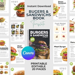 Modelo de livro de receitas | Modelo de livro de receitas editável | E-book de receitas para impressão | Modelos Canva I Modelos de hambúrgueres e sanduíches