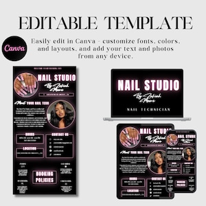 Puede incluir: Una plantilla digital para un estudio de u&ntilde;as, con un dise&ntilde;o en negro y rosa. La plantilla se muestra en un port&aacute;til, una tableta y un tel&eacute;fono, lo que demuestra su adaptabilidad. El texto incluye "Nail Studio" y "Editable Template."