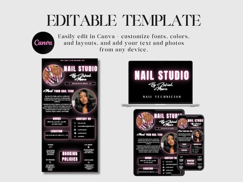Puede incluir: Una plantilla digital para un estudio de u&ntilde;as, con un dise&ntilde;o en negro y rosa. La plantilla se muestra en un port&aacute;til, una tableta y un tel&eacute;fono, lo que demuestra su adaptabilidad. El texto incluye "Nail Studio" y "Editable Template."