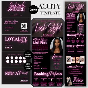 May include: A black and pink digital template for a lash technician, featuring business cards, a loyalty card, and a mobile phone display with booking information. The template includes the text "Lash Styled" and "Zakiah Moore".