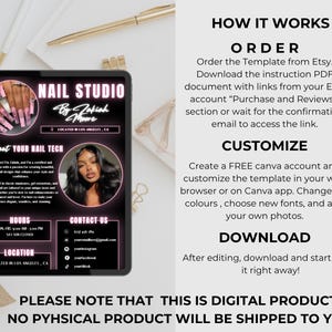 Puede incluir: Una plantilla digital de estudio de u&ntilde;as en una tableta. La plantilla presenta un dise&ntilde;o rosa y negro con el texto "Nail Studio By Zakiah Moore" e incluye informaci&oacute;n sobre la t&eacute;cnica de u&ntilde;as y los datos de contacto.