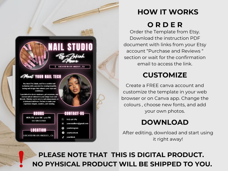 Puede incluir: Una plantilla digital de estudio de u&ntilde;as en una tableta. La plantilla presenta un dise&ntilde;o rosa y negro con el texto "Nail Studio By Zakiah Moore" e incluye informaci&oacute;n sobre la t&eacute;cnica de u&ntilde;as y los datos de contacto.