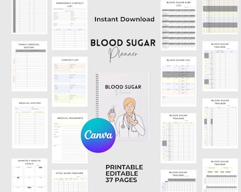 Registro de azúcar en sangre, rastreador de azúcar en sangre, planificador imprimible, planificador médico, plan de alimentación para diabéticos, diabetes tipo 2, registro de diabetes, registro de glucosa en PDF