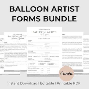 Peut inclure: Un ensemble de formulaires imprimables pour les artistes ballons. Les formulaires comprennent un accord de service, des informations sur le client et les détails de l'événement. Le texte "BALLOON ARTIST FORMS BUNDLE" est en haut. Les formulaires sont téléchargeables instantanément.