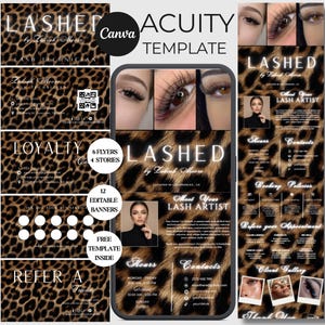 May include: A digital marketing template set for lash technicians featuring a leopard print background. The design includes business cards, loyalty cards, and social media flyers with text such as LASHED by Zakiah Moore, ACUITY TEMPLATE, and MEET YOUR LASH ARTIST.