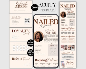 May include: A digital marketing template set for a nail technician, featuring business cards, a loyalty card, banners, and a booking site design. The design includes the text "Zakiah Moore" and "Nailed by Zakiah".