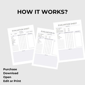 Puede incluir: Tres hojas de evaluaci&oacute;n blancas con el texto "EVALUATION SHEET" y una escala de calificaci&oacute;n. La frase "HOW IT WORKS?" est&aacute; en la parte superior. Debajo de las hojas est&aacute;n las palabras "Purchase, Download, Open, Edit or Print."