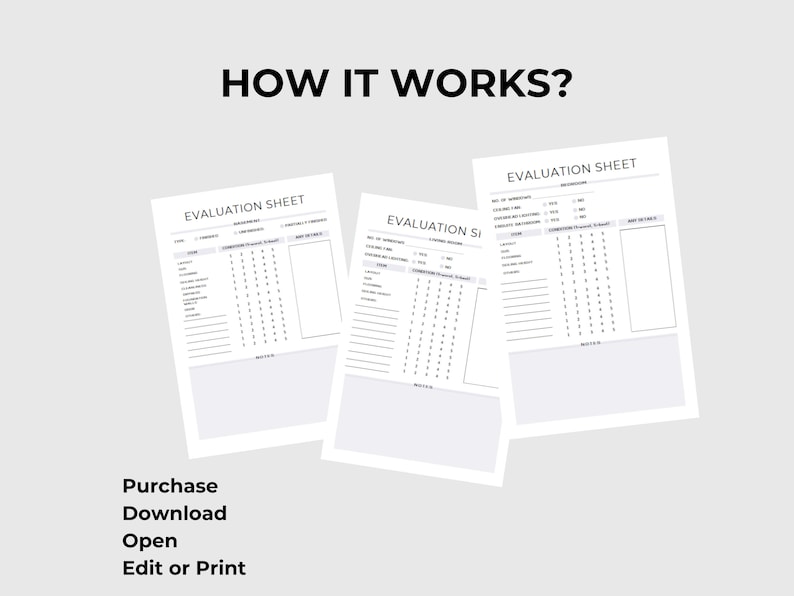Puede incluir: Tres hojas de evaluaci&oacute;n blancas con el texto "EVALUATION SHEET" y una escala de calificaci&oacute;n. La frase "HOW IT WORKS?" est&aacute; en la parte superior. Debajo de las hojas est&aacute;n las palabras "Purchase, Download, Open, Edit or Print."