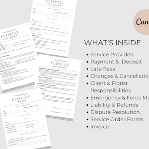 May include: A collection of florist business forms, including service orders and invoices, with the text "FLORIST" and "Your Business Name" at the top. The forms are in black and white, with a list of contents on the right.