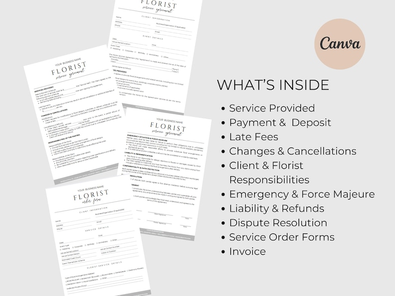 May include: A collection of florist business forms, including service orders and invoices, with the text "FLORIST" and "Your Business Name" at the top. The forms are in black and white, with a list of contents on the right.