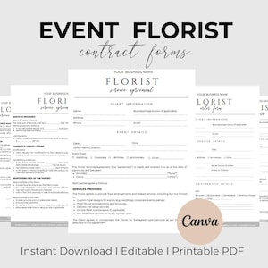 Puede incluir: Un conjunto de formularios de contrato de floristería para eventos en blanco con texto negro. Los formularios incluyen secciones para la información del cliente, los detalles del servicio y los detalles del evento. Las palabras "EVENT FLORIST contract forms" están en la parte superior. El logotipo de Canva es visible.