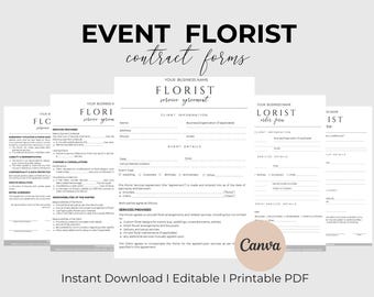 Contrato de servicios de floristería para eventos, plantilla de acuerdo para bodas y proveedores, formularios de servicios de arreglos florales, contrato comercial de floristería CANVA