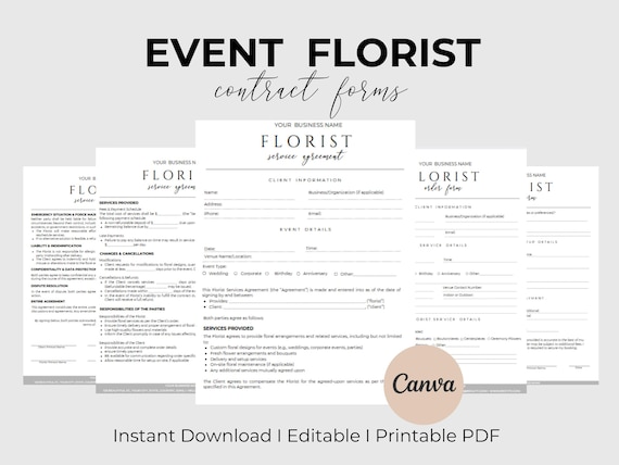 Event Florist Service Contract  Wedding & Vendor Agreement Template  Flower Arrangement Service Forms  Florist Business Contract  CANVA