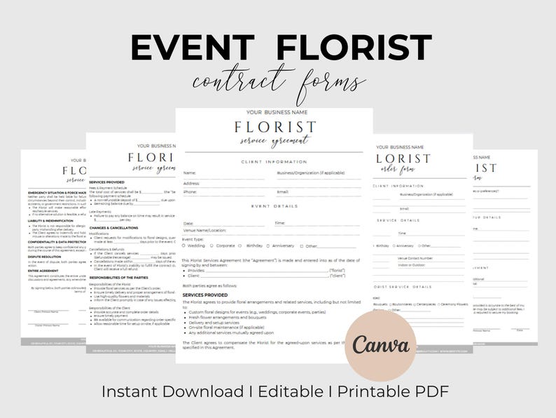 May include: A collection of white event florist contract forms with black text. The forms include sections for client information, service details, and event details. The words "EVENT FLORIST contract forms" are at the top. The Canva logo is visible.