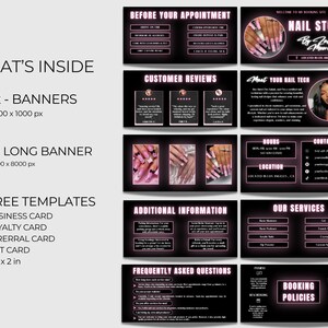 Puede incluir: Un conjunto de plantillas de marketing digital para un estudio de u&ntilde;as, con un dise&ntilde;o en negro y rosa. El conjunto incluye banners, un banner largo y plantillas gratuitas para tarjetas de visita, fidelizaci&oacute;n, referencia y regalo. El texto incluye "Nail Studio".