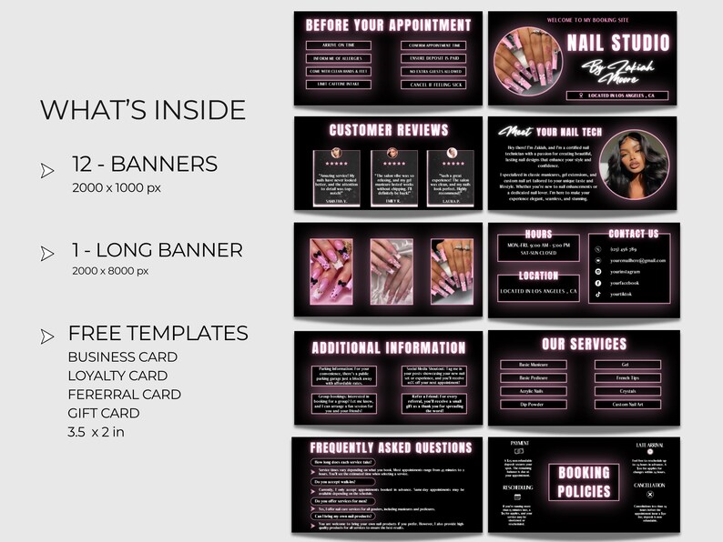 Puede incluir: Un conjunto de plantillas de marketing digital para un estudio de u&ntilde;as, con un dise&ntilde;o en negro y rosa. El conjunto incluye banners, un banner largo y plantillas gratuitas para tarjetas de visita, fidelizaci&oacute;n, referencia y regalo. El texto incluye "Nail Studio".