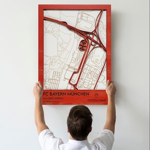 Gepersonaliseerde stadionkaart FC Bayern München - muurdecoratie voetbal - meerlaagse 3D houten muurkunst - aangepaste voetbalkaartkunst - Man Cave Home