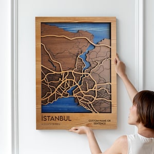 Mappa della città di Istanbul personalizzata - Decorazione da parete - Arte murale in legno 3D multistrato - Mappa artistica personalizzata