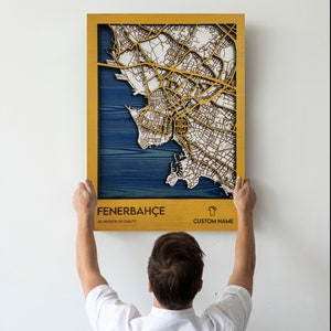 Carte personnalisée du stade Fenerbahçe FC - décoration murale football - art mural bois 3D multicouche - art carte personnalisé football - homme des cavernes décoration d'intérieur