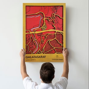 Carte personnalisée du stade Galatasaray FC - décoration murale football - art mural bois 3D multicouche - art carte personnalisé football - homme des cavernes décoration d'intérieur