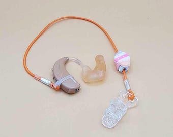 Orange single Retention cord hearing aid cochlear implant lanyard with clip