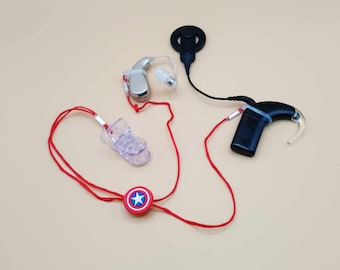 Red bilateral Retention cord hearing aid cochlear implant lanyard with clip