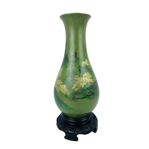Foochow Lacquer Vase Hand-Painted Green & Gold Landscape Design w/Base 9.25" Tall
