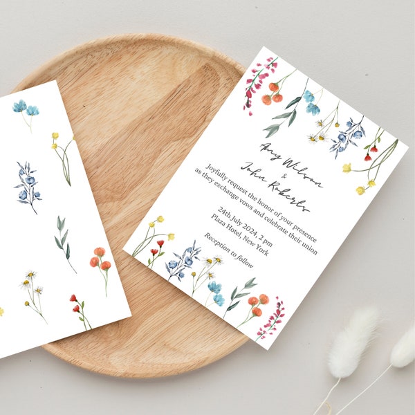 Floral Wedding Invitation, Boho Wedding Invitation, Watercolor Flowers Invitation, Field Flowers Wedding Invitation